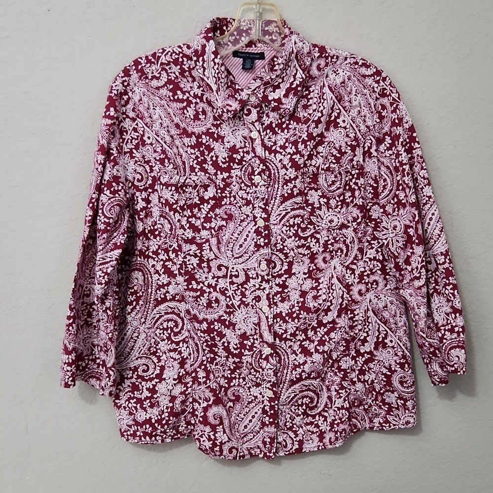 Tommy Hilfiger Blouse Womens All Over Print Floral Size L Shirt Button Artsy